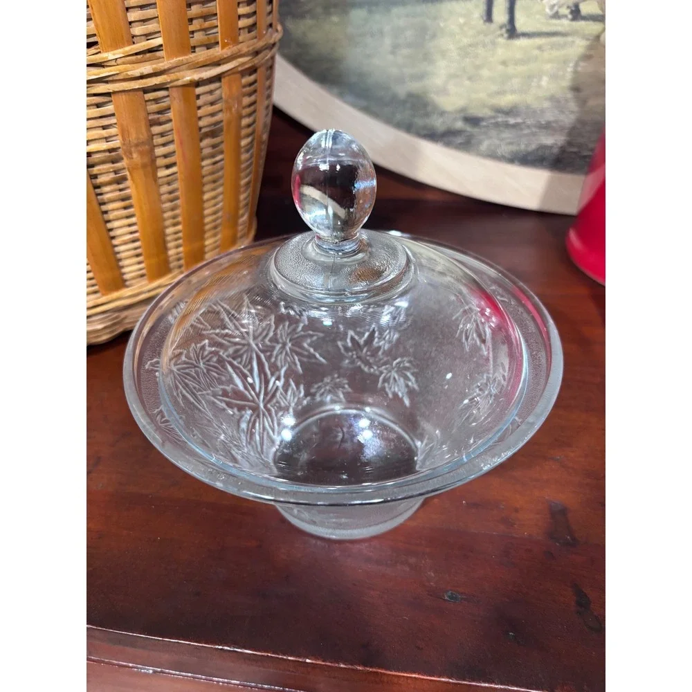 Vintage Frosted Maple Leaf Pressed Glass Sugar Bowl with Lid Clear 6 Inch